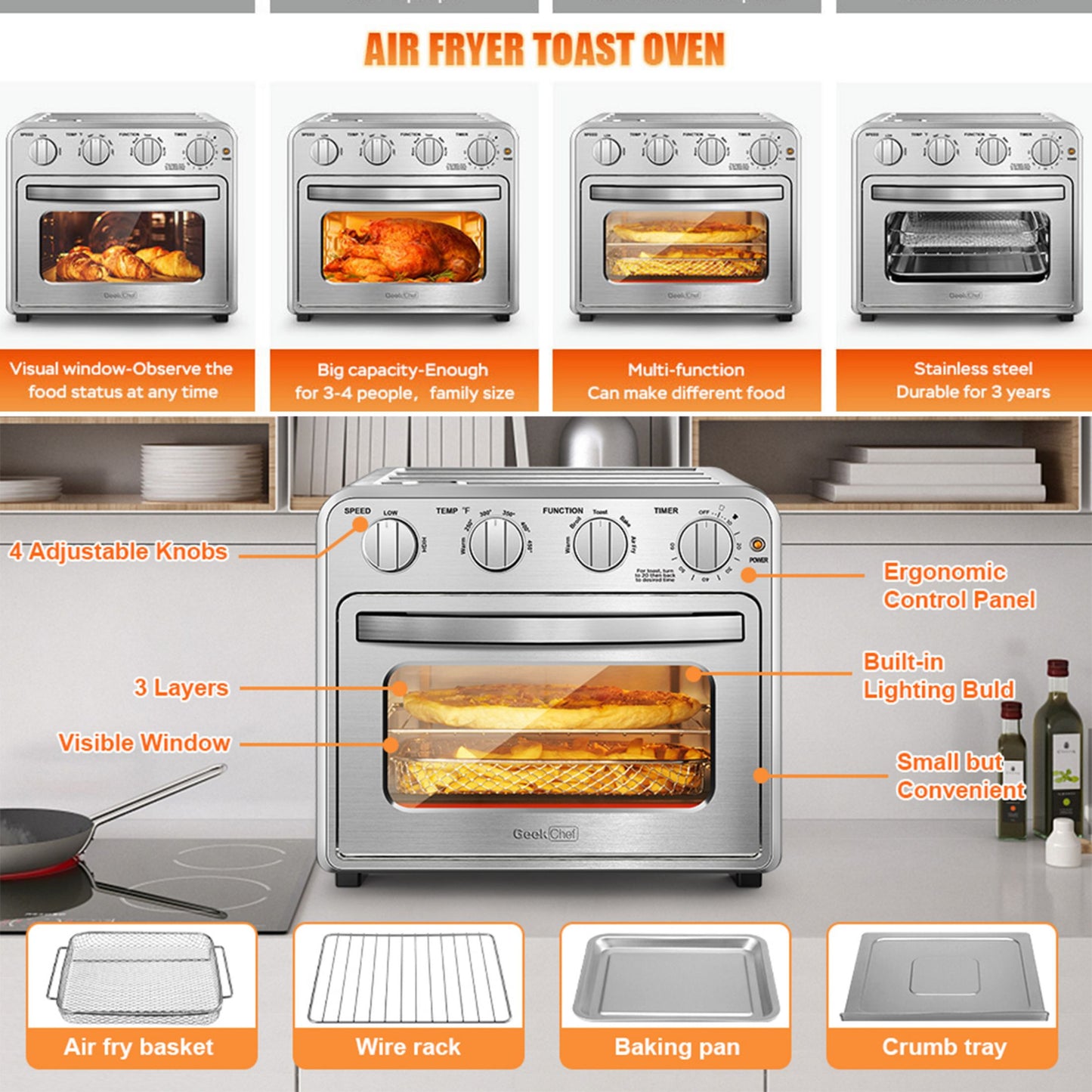 Geek Chef Air Fryer Toaster Oven Combo 4 Slice Toaster Convection Air Fryer