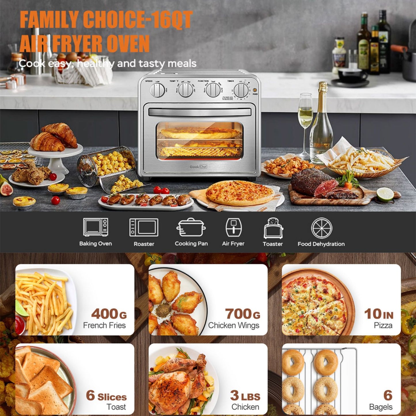 Geek Chef Air Fryer Toaster Oven Combo 4 Slice Toaster Convection Air Fryer