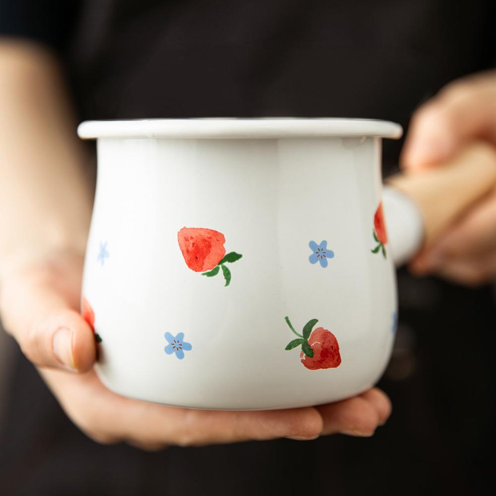 Enamel Milk Pot With Wooden Handle Gas Stove