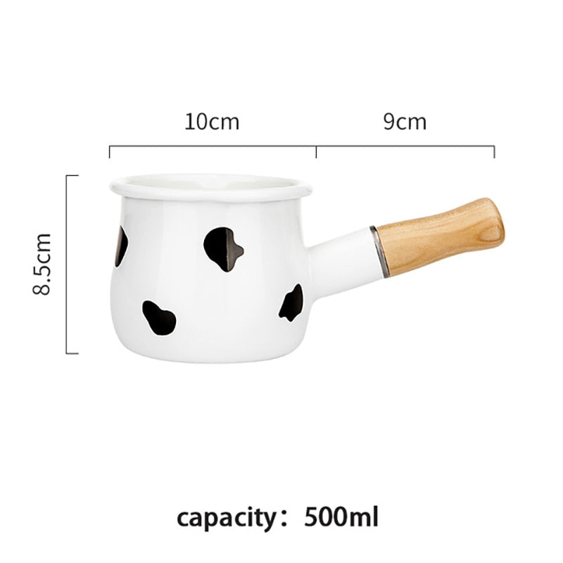 Enamel Milk Pot With Wooden Handle Gas Stove