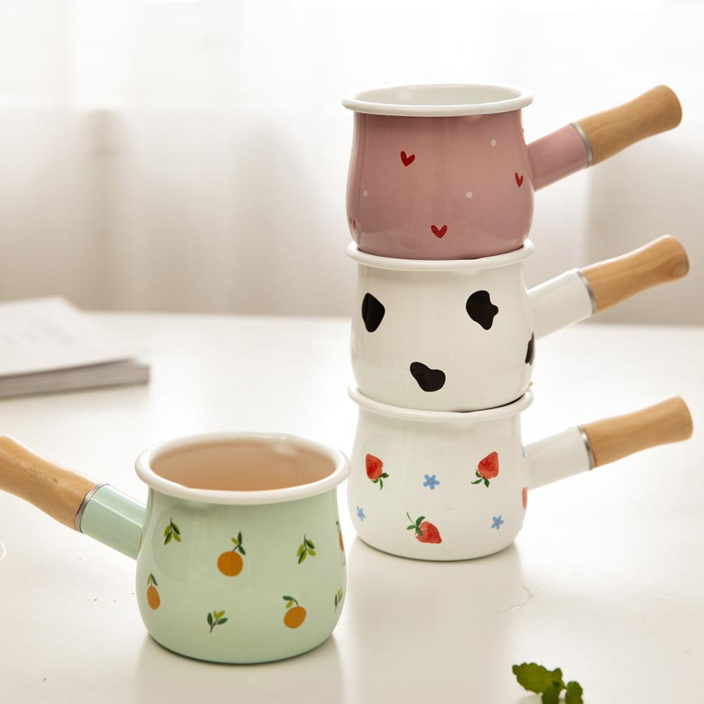 Enamel Milk Pot With Wooden Handle Gas Stove