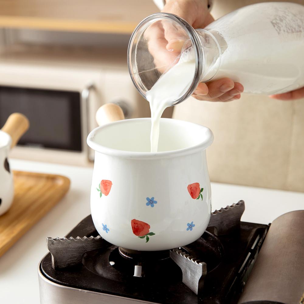 Enamel Milk Pot With Wooden Handle Gas Stove