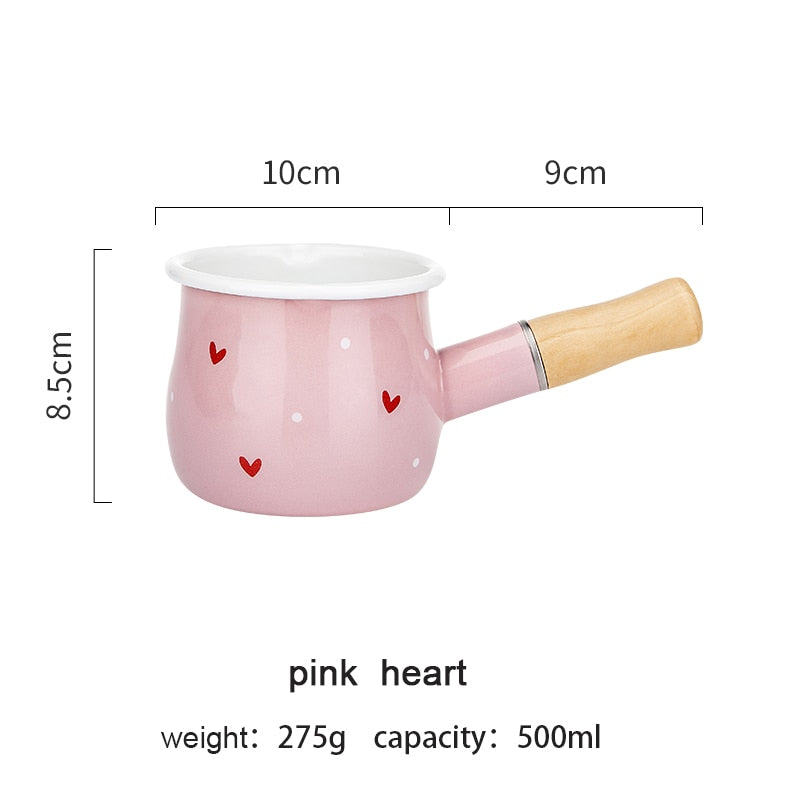 Enamel Milk Pot With Wooden Handle Gas Stove