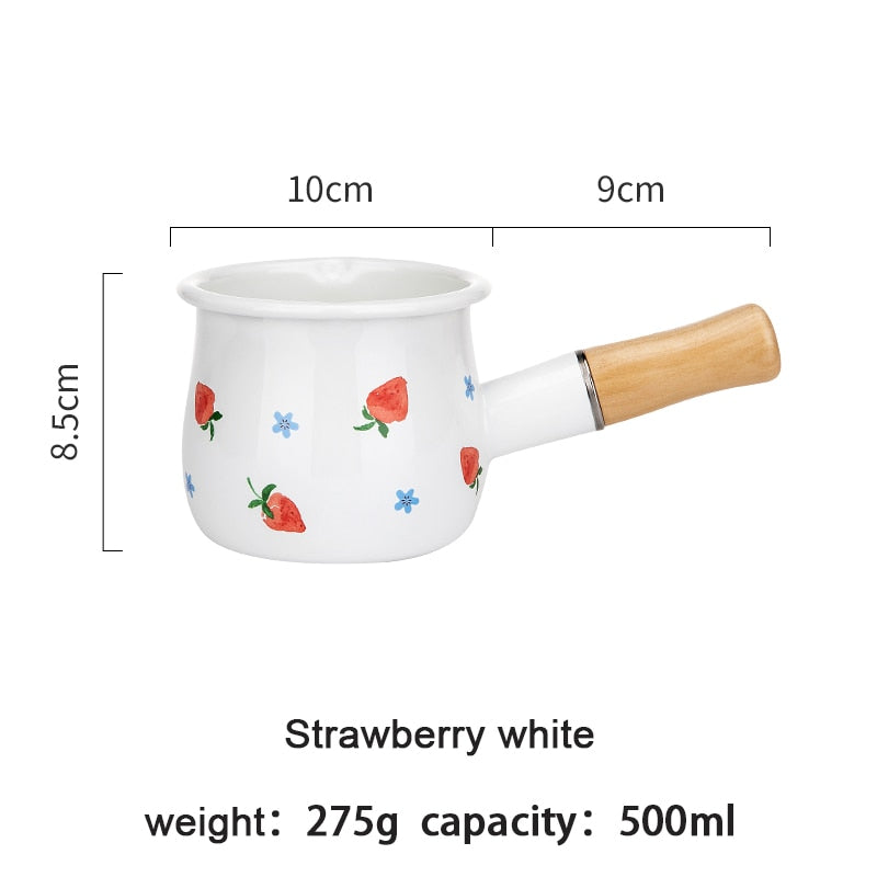 Enamel Milk Pot With Wooden Handle Gas Stove