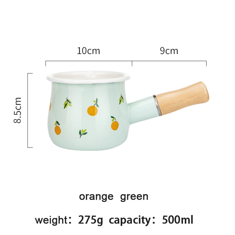 Enamel Milk Pot With Wooden Handle Gas Stove