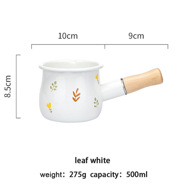 Enamel Milk Pot With Wooden Handle Gas Stove
