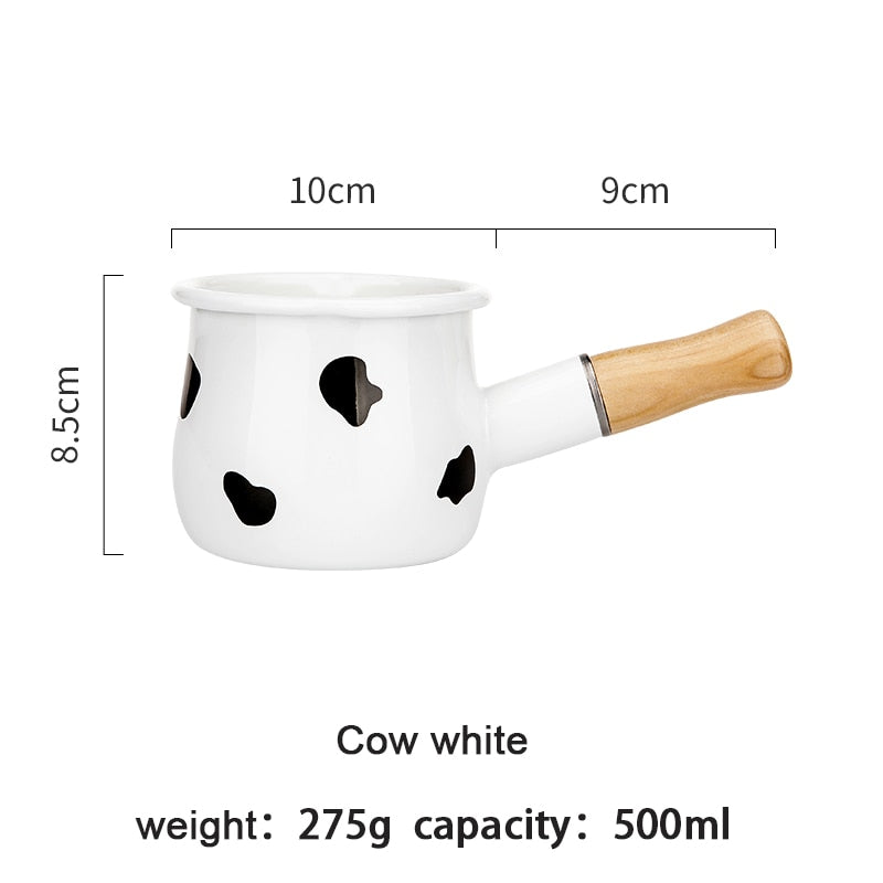 Enamel Milk Pot With Wooden Handle Gas Stove