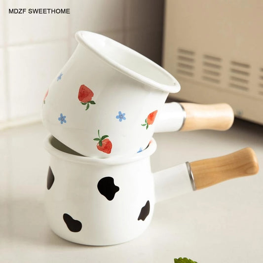 Enamel Milk Pot With Wooden Handle Gas Stove