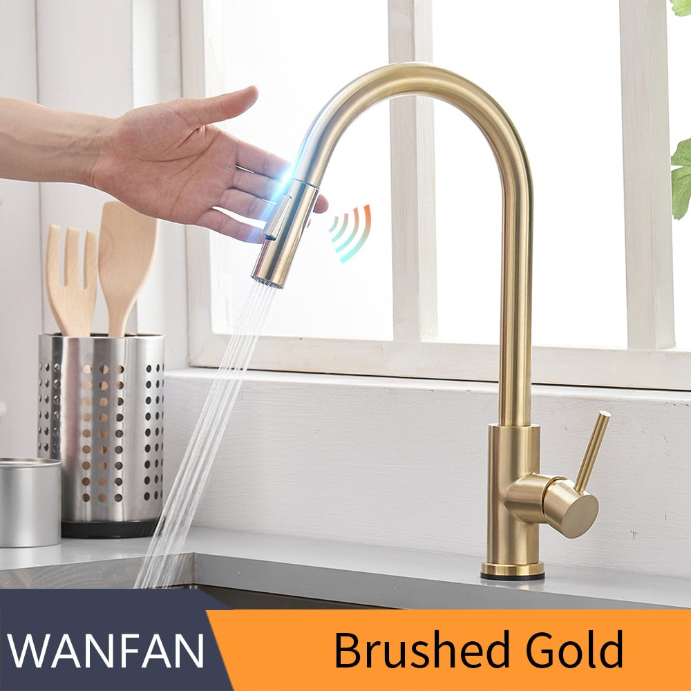 Sensor Kitchen Faucets Brushed Gold Smart Touch