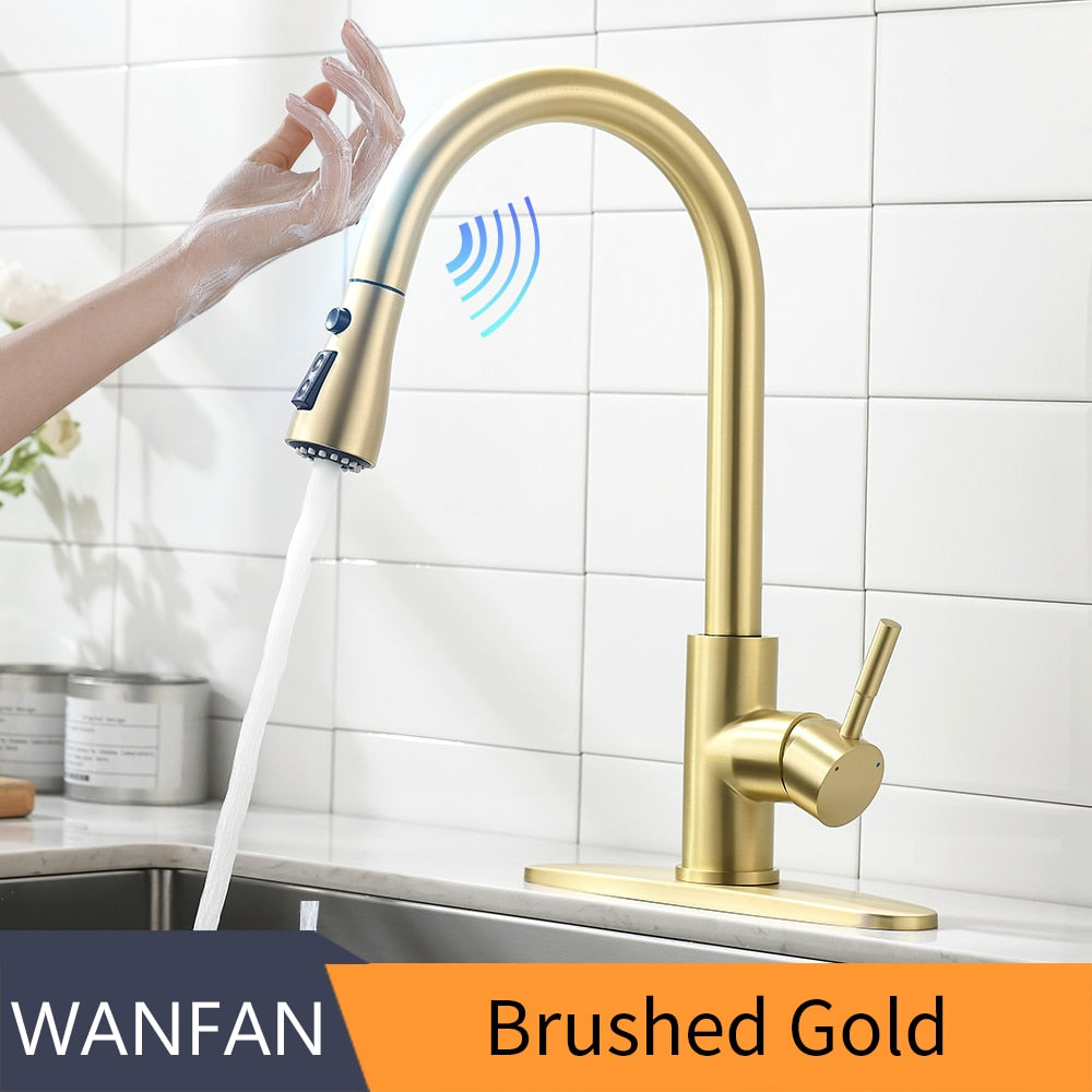 Sensor Kitchen Faucets Brushed Gold Smart Touch